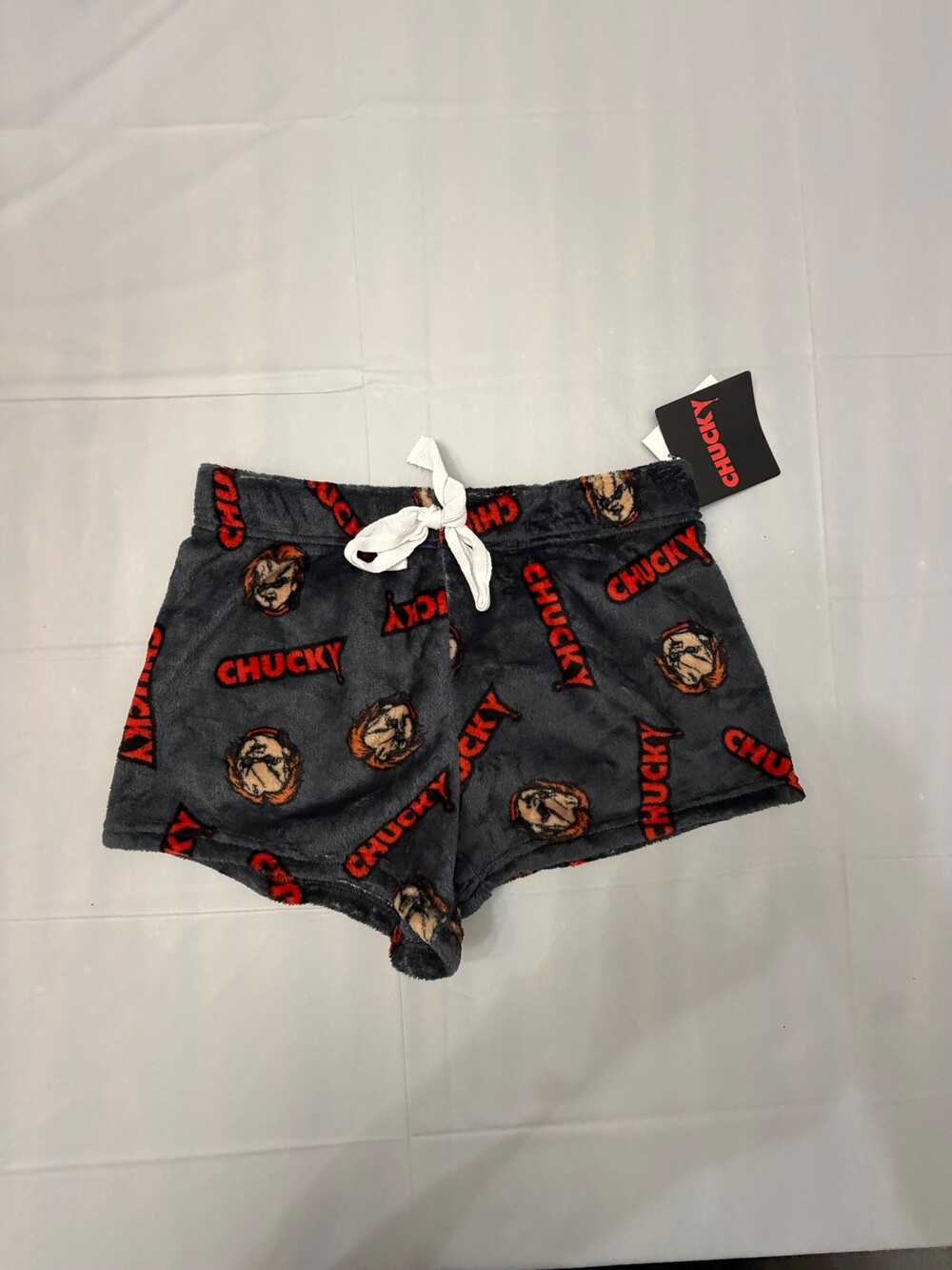 Chucky Black Plush Shorts M Polyester Drawstring Waistband